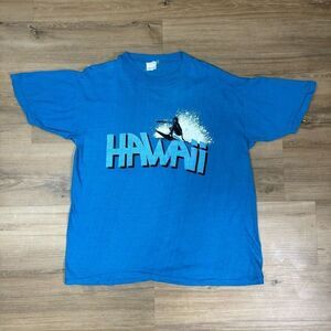 Vintage Size L Hawaii Surfer Graphic Tee Shirt Bright Blue Single Stitch Retro